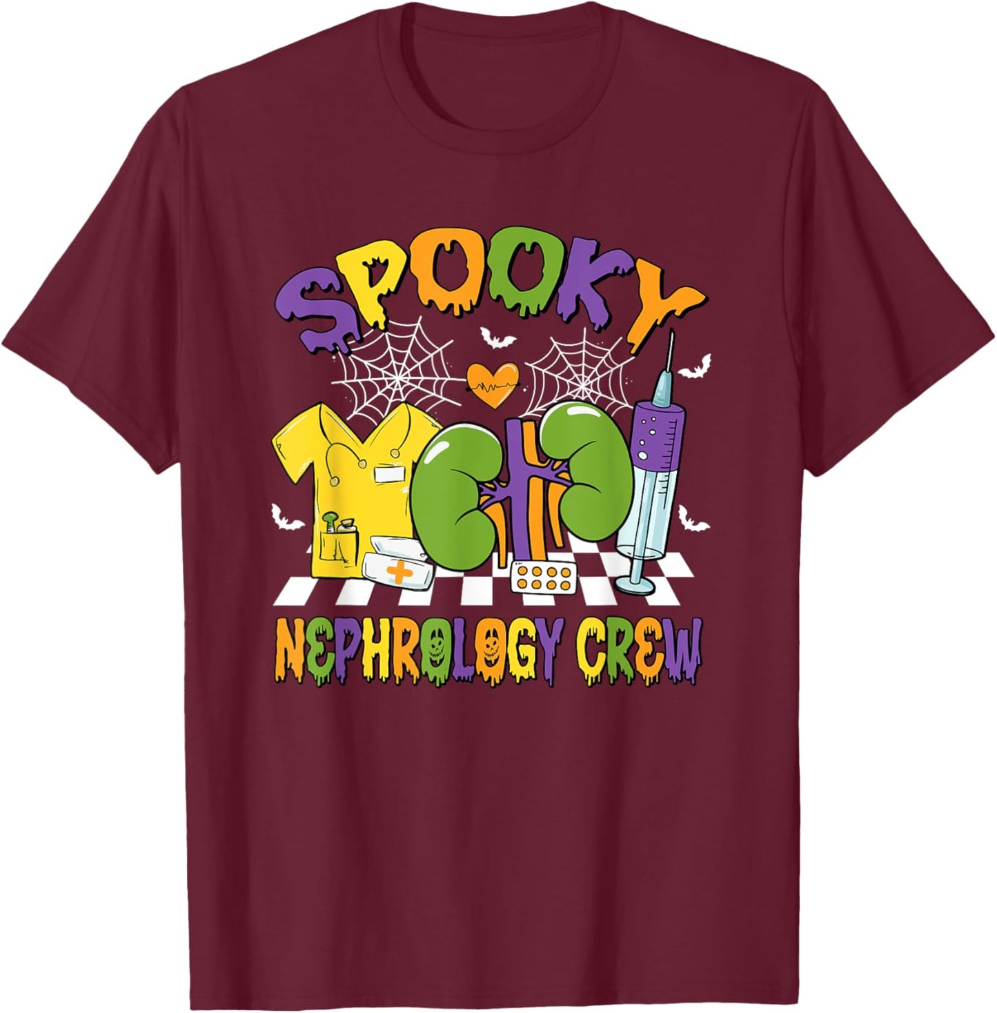 Retro Spooky Nephrology Crew Nephrology Nurse Halloween T-Shirt - T-Shirt | Maroon