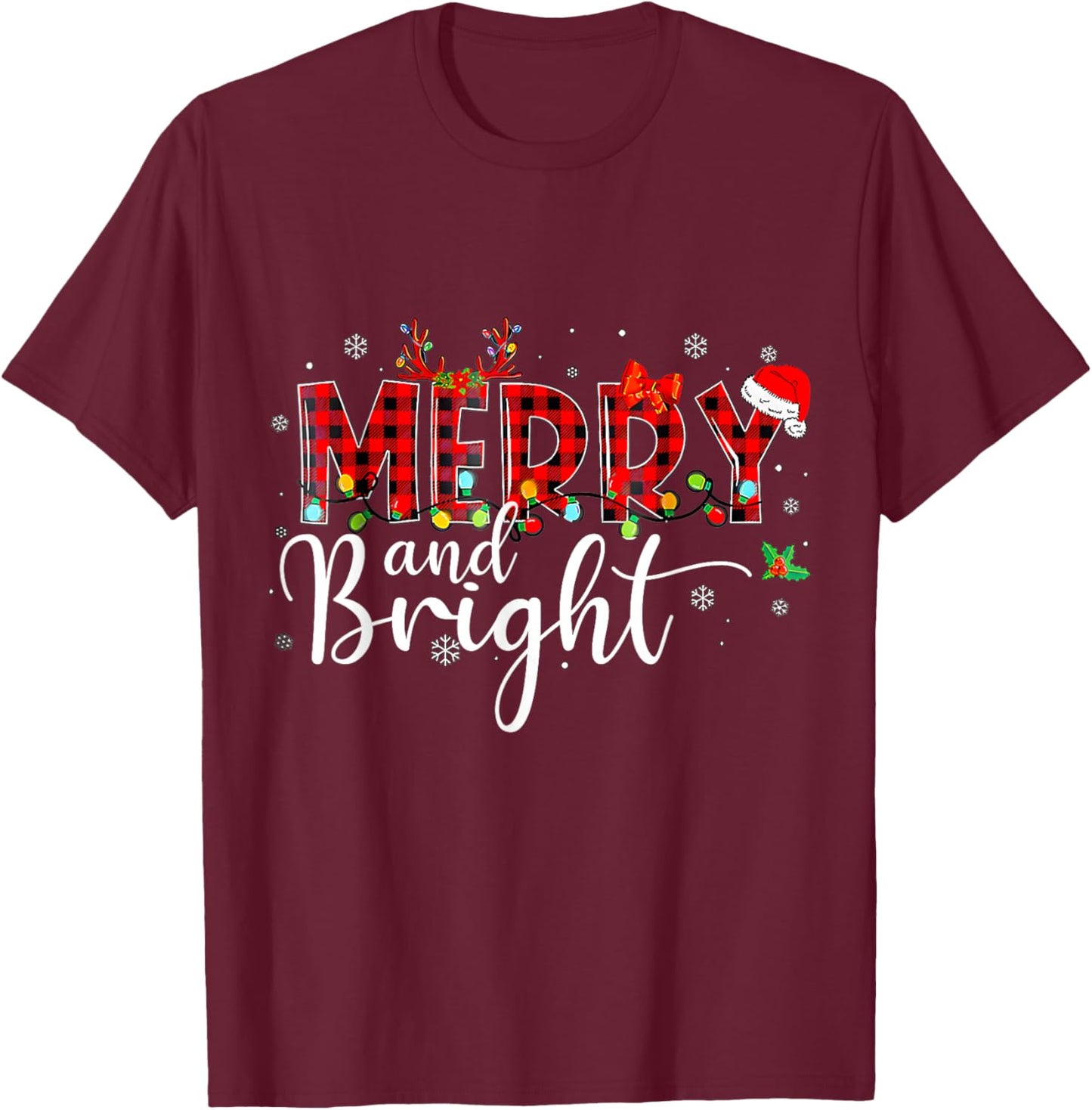 Merry and Bright Buffalo Plaid Red Santa Hat Xmas Pajamas T-Shirt - T-Shirt | Maroon