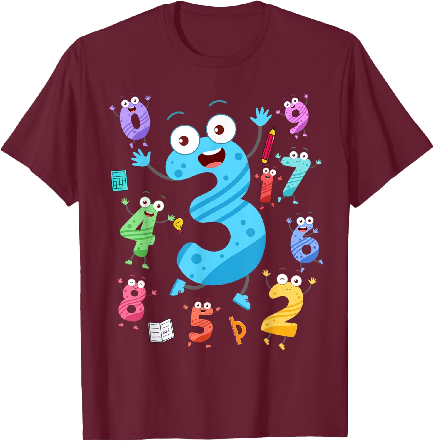 Maths Day Number Costume With Number 3 Idea For Kids Number T-Shirt - T-Shirt | Maroon