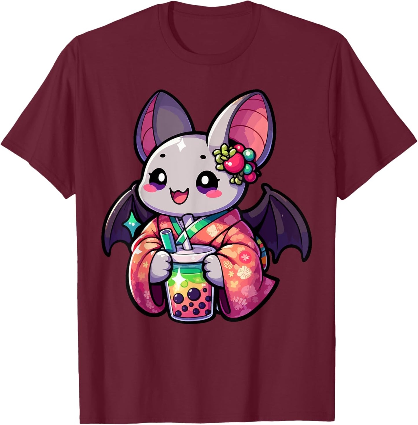 Bat Bubble Boba Tea Anime Cute Kawaii T-Shirt - T-Shirt | Maroon