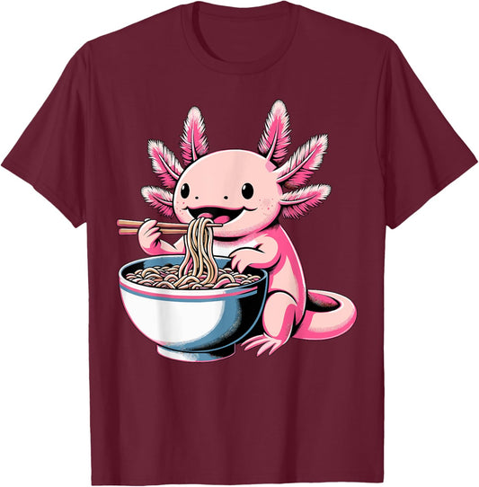 Axolotl Eating Ramen Lover Kawaii Axolotl T-Shirt - T-Shirt | Maroon