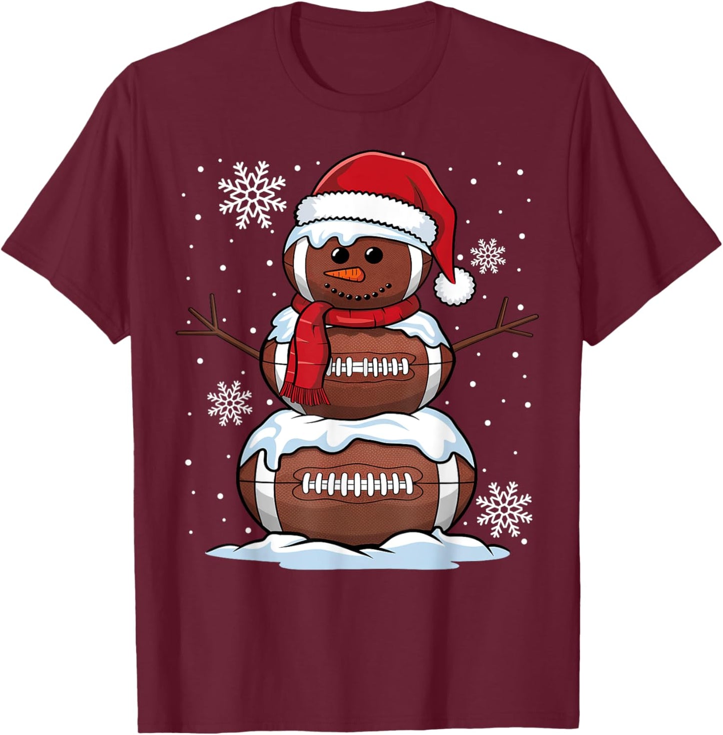 Merry Christmas Football Snowman Holiday Sports Xmas Pajamas T-Shirt - T-Shirt | Maroon