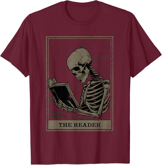 Tarot Card Shirt The Reader Tarot Skeleton Reading Book T-Shirt - T-Shirt | Maroon