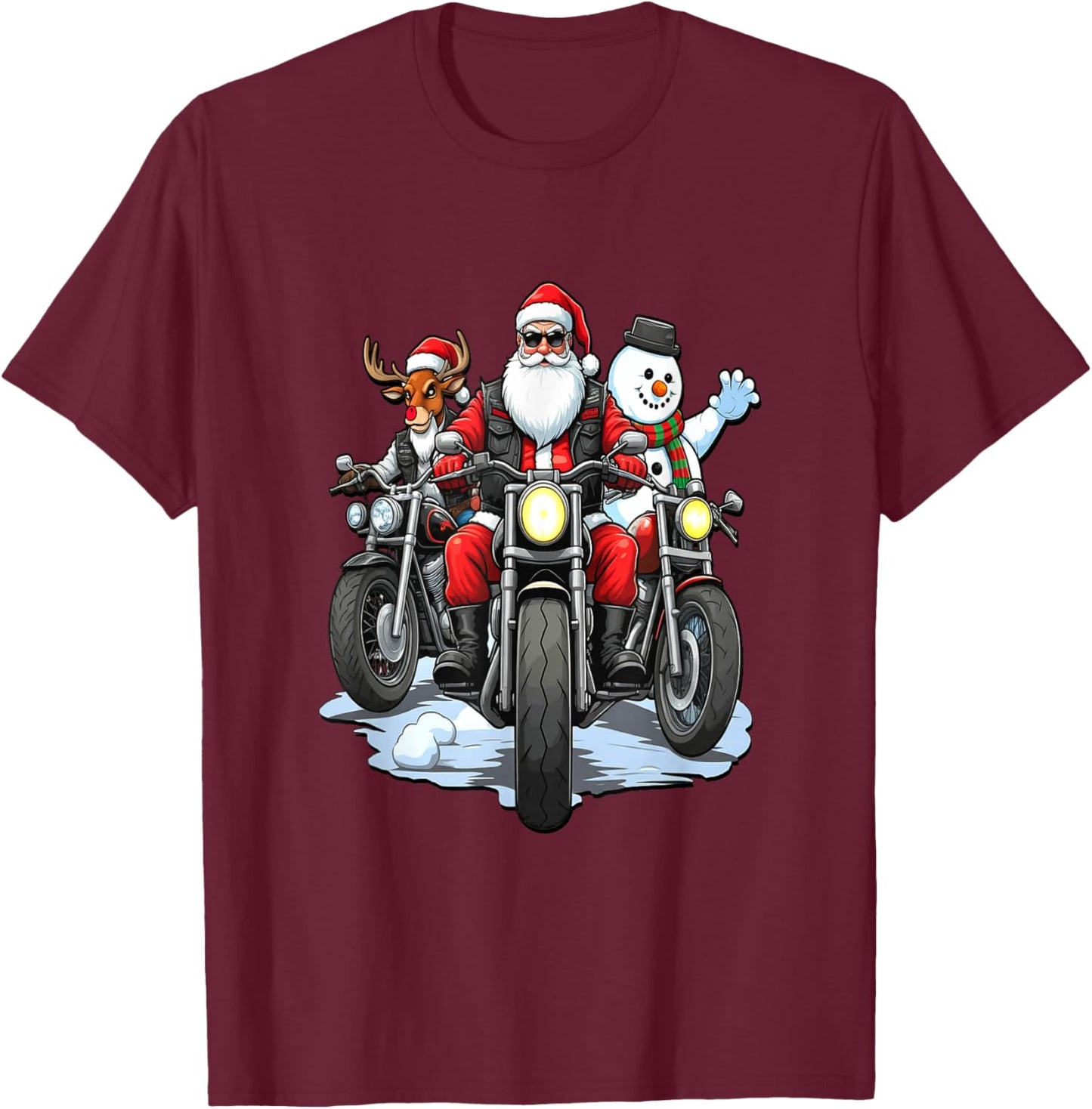 Santa, Reindeer & Snowman Bikers on Motorcycles T-Shirt - T-Shirt | Maroon