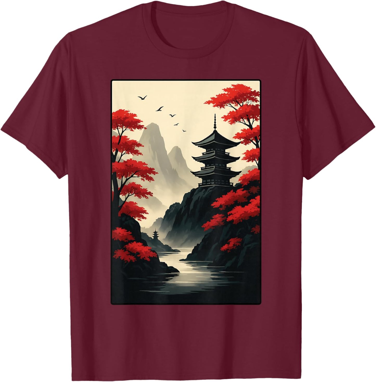 Cool Japanese Pagoda Castle Mountain Landscape Graphic Art T-Shirt - T-Shirt | Maroon