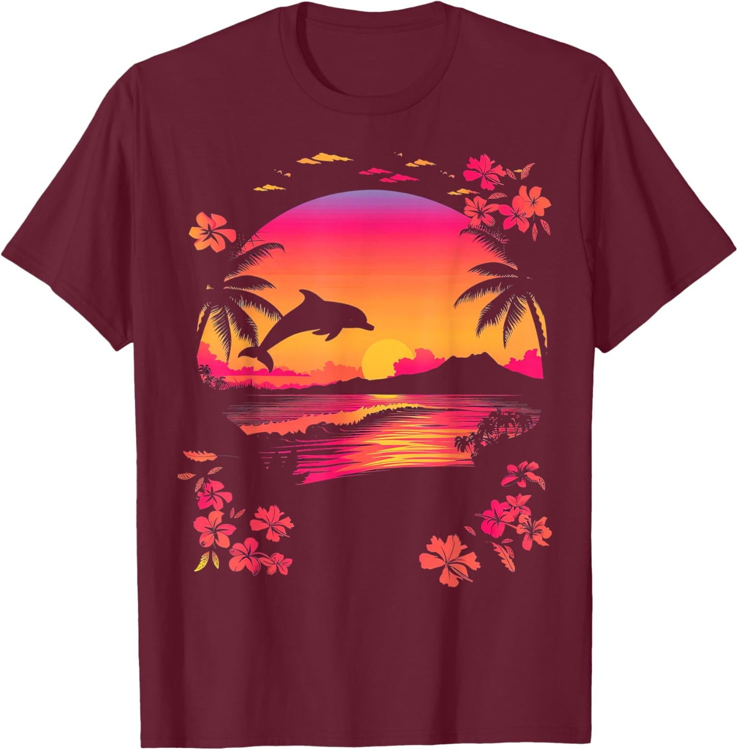 Tropical Sunset Dolphin Pink Beach Scene T-Shirt - T-Shirt | Maroon