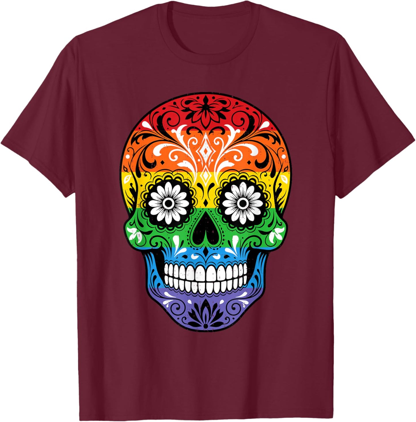 Rainbow Flag Sugar Skull LGBTQ Month Gay Pride Ally Men T-Shirt - T-Shirt | Maroon