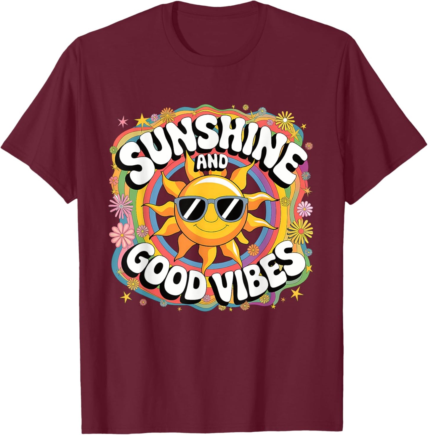Retro Sunshine Summer 70s Aesthetic Sunflower Rainbow Boho T-Shirt - T-Shirt | Maroon