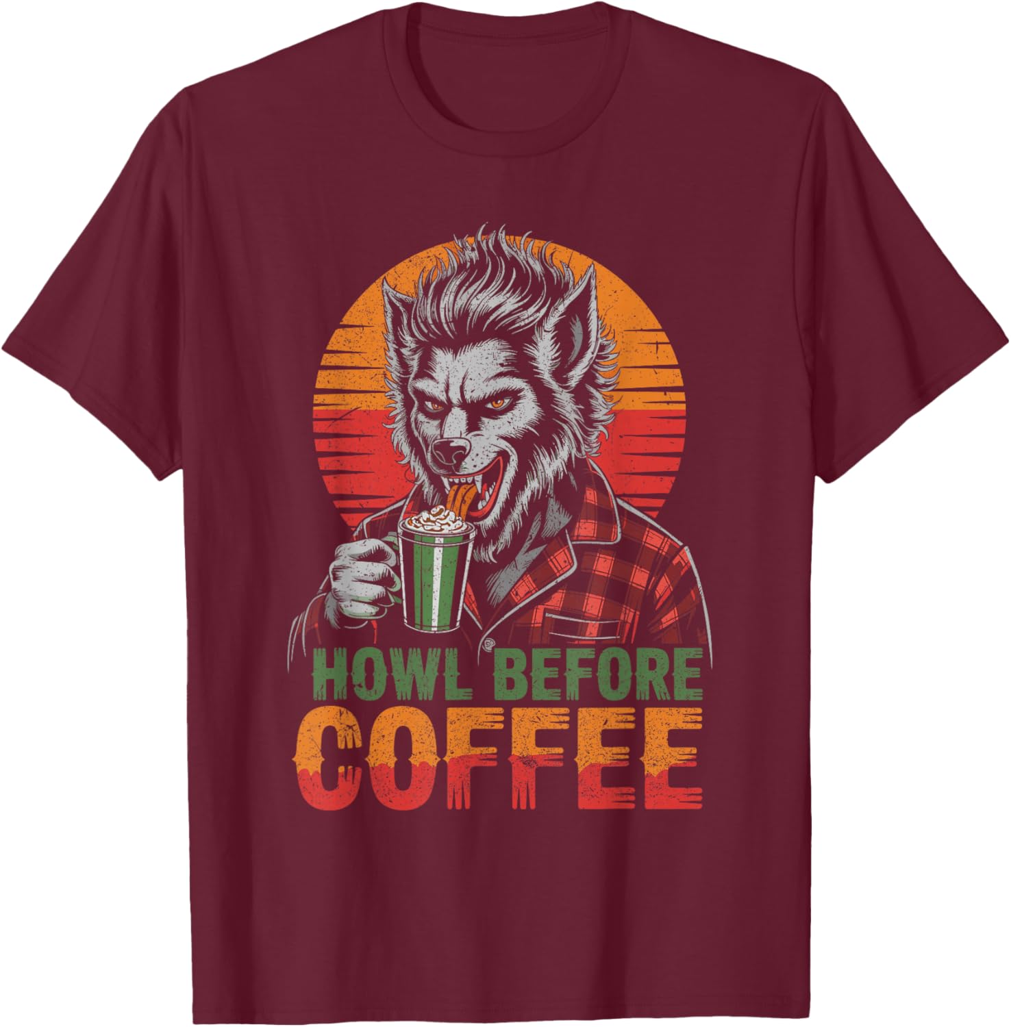 Werewolf Drinking Coffee with Sunset Scary Halloween T-Shirt - T-Shirt | Maroon