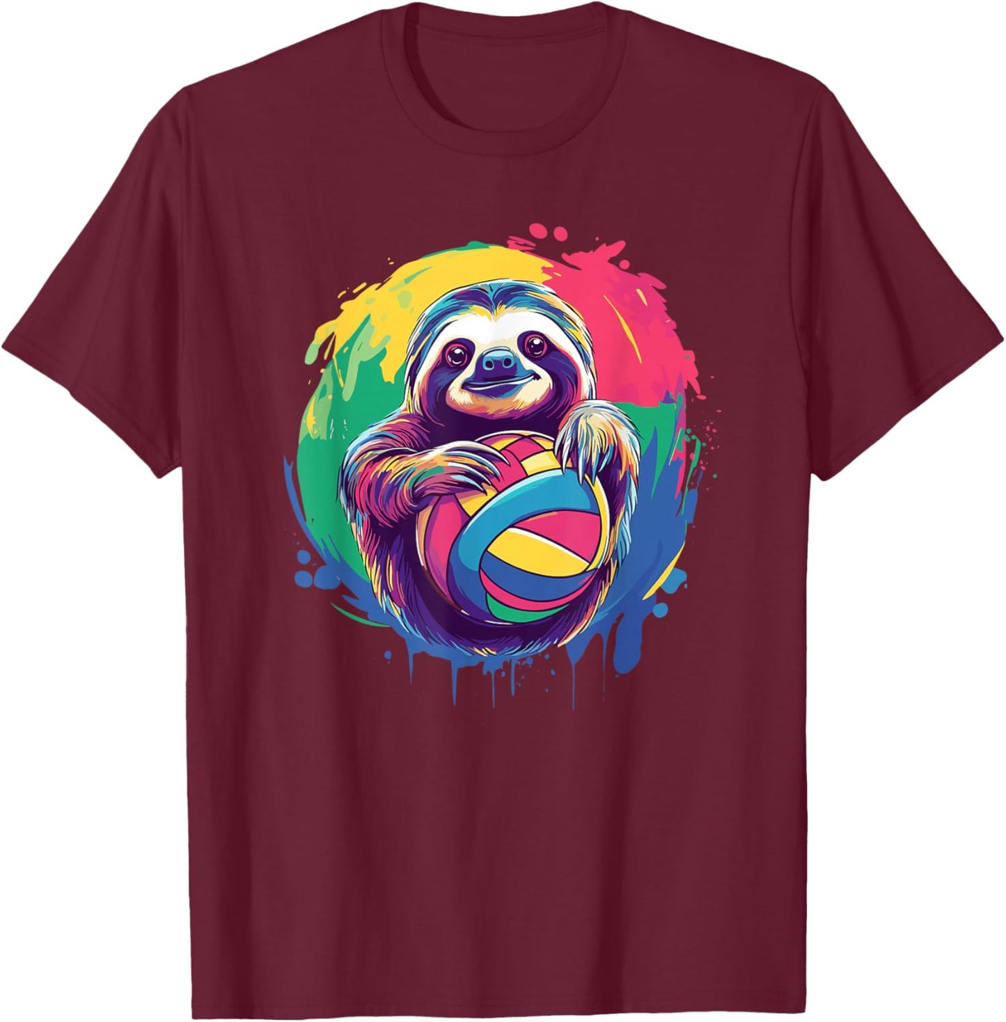 Playful Sloth Holding Volleyball Colors T-Shirt - T-Shirt | Maroon