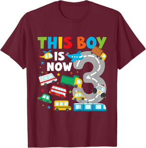 Kids 3rd Transportation Birthday Party 3 Year Old Vehicle T-Shirt - T-Shirt | Maroon