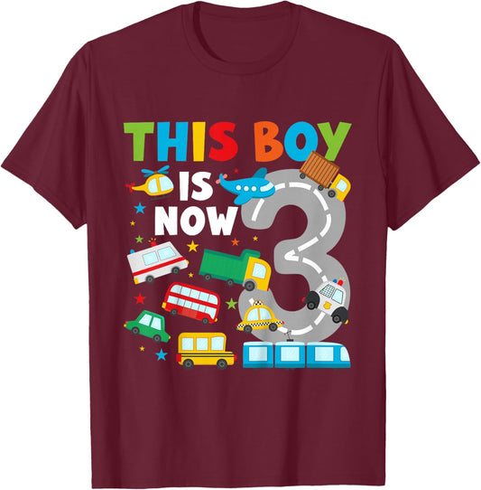 Kids 3rd Transportation Birthday Party 3 Year Old Vehicle T-Shirt - T-Shirt | Maroon