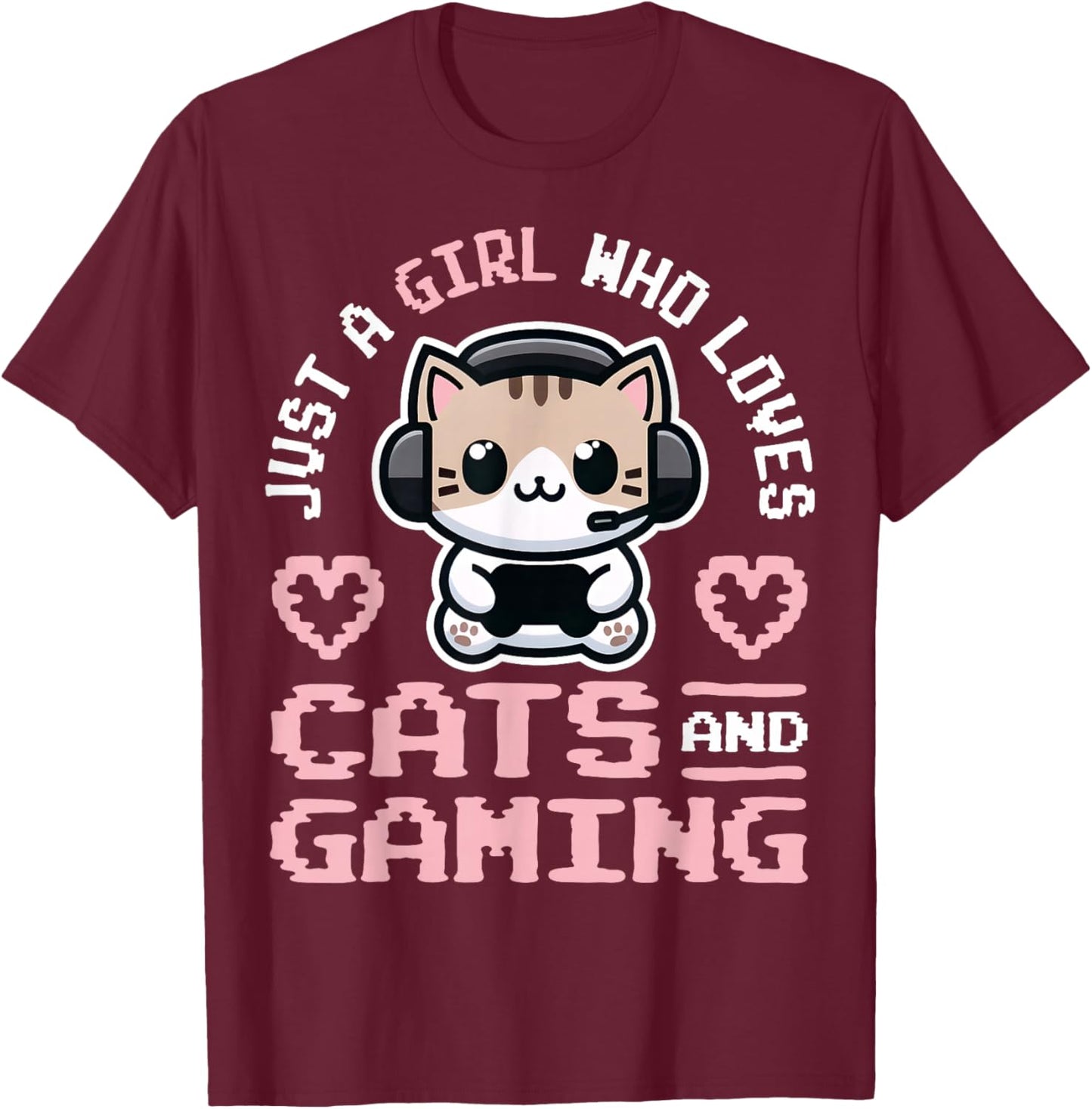 Girl Gaming and Cats Female Gamer T-Shirt - T-Shirt | Maroon