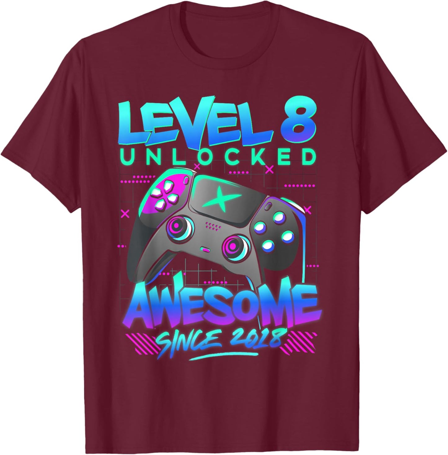 Level 8 Unlocked Awesome Since 2018 8th Birthday Gaming Boy T-Shirt - T-Shirt | Maroon