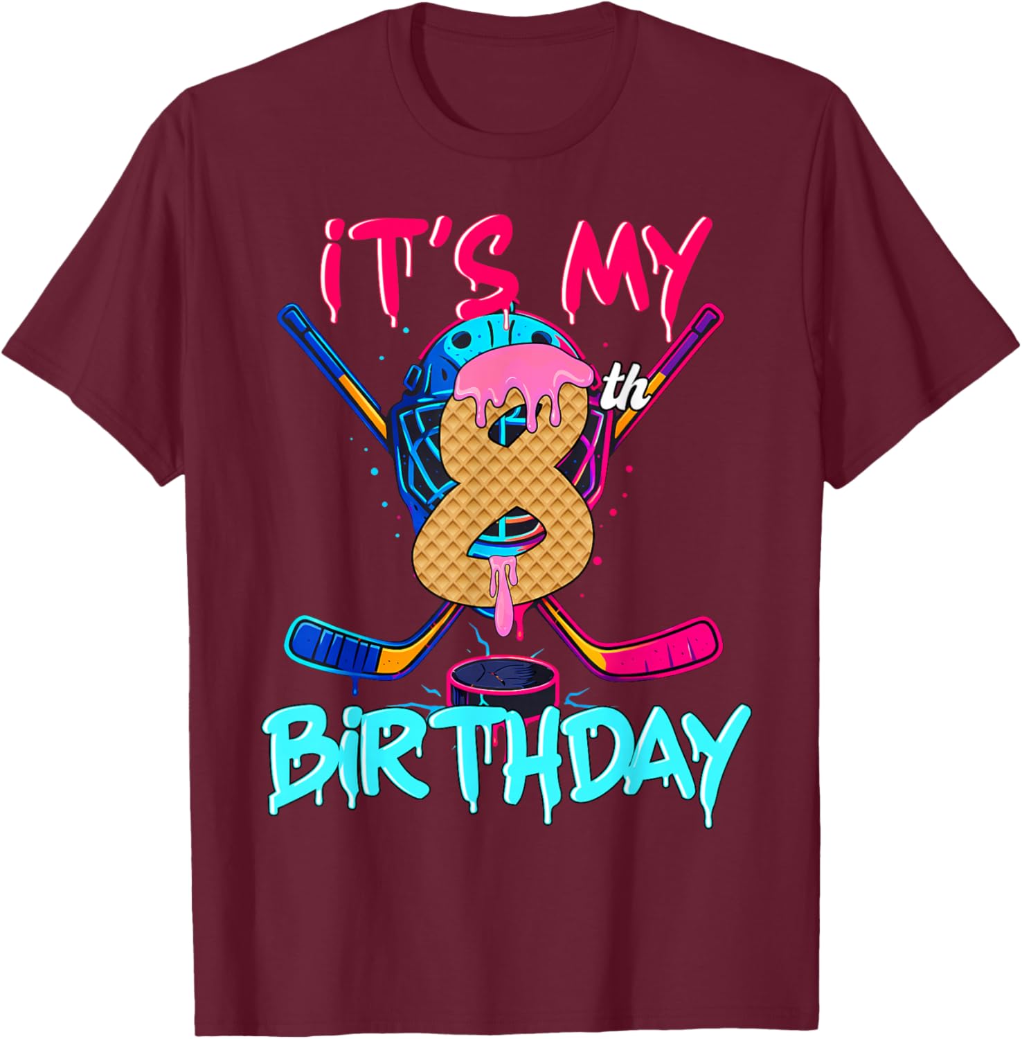 Hockey Ice Cream Drip It's My 8th Birthday Number 08 Player T-Shirt - T-Shirt | Maroon