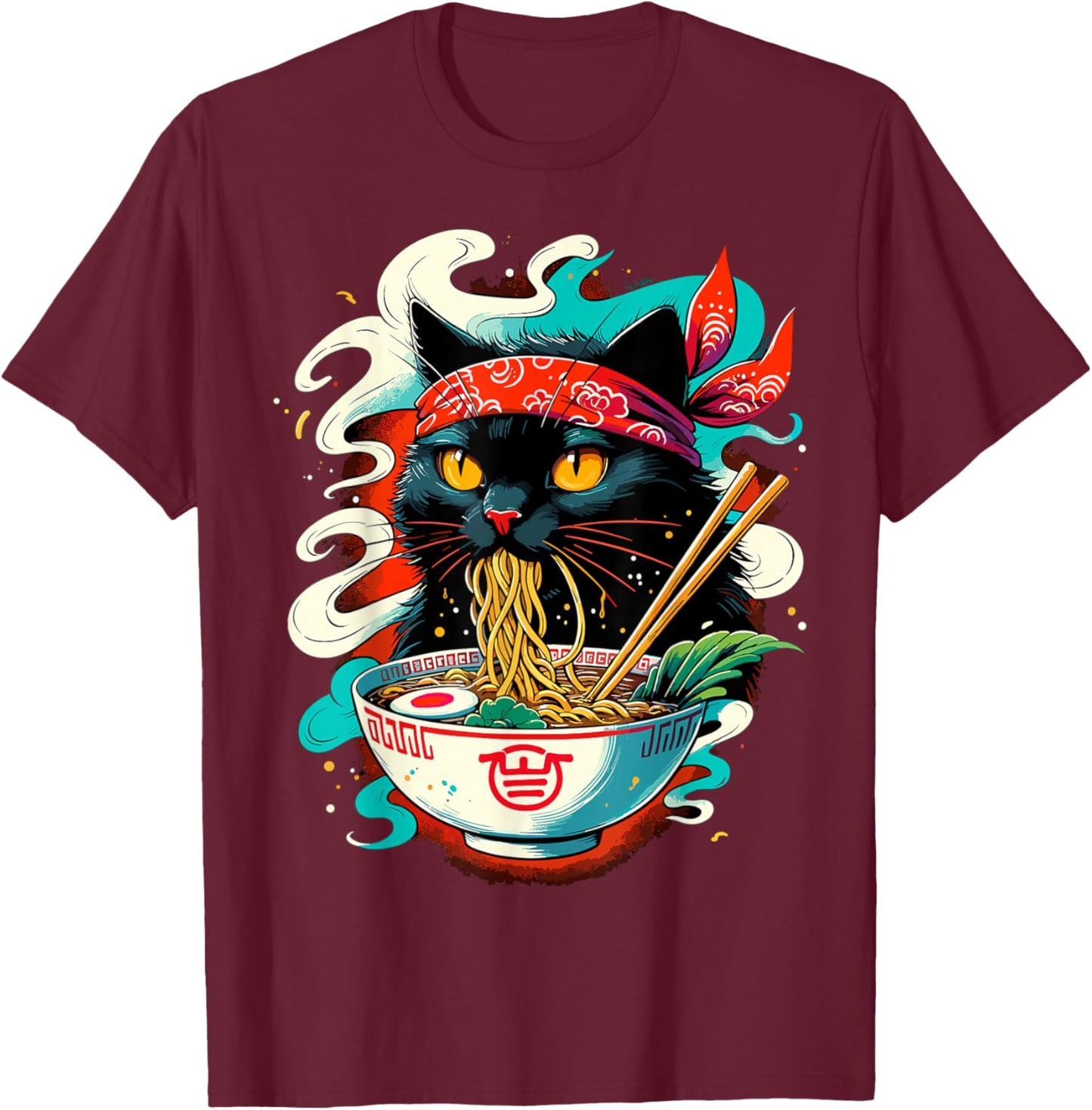 Cat Ramen Noodle Japanese Anime Kawaii Cat T-Shirt - T-Shirt | Maroon