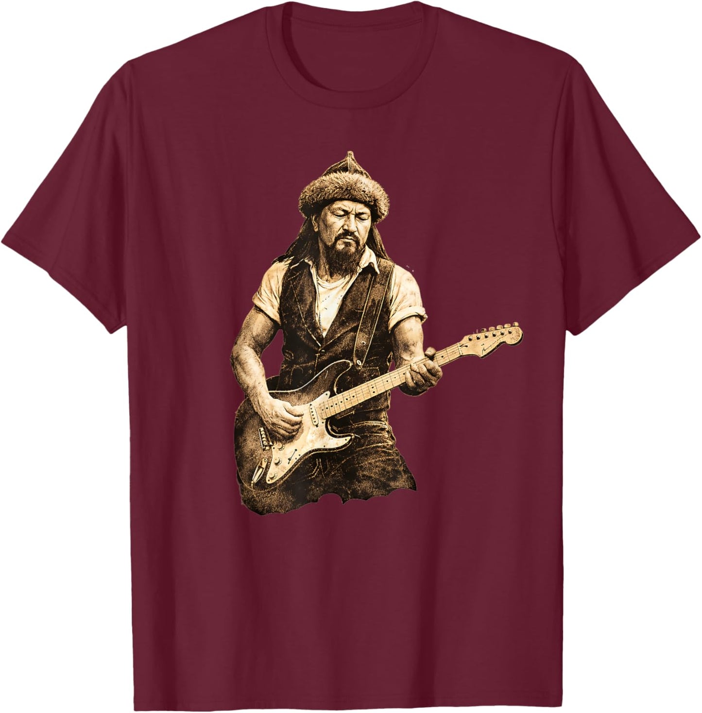 Genghis Khan Playing Electric Guitar Rock Music Superstar T-Shirt - T-Shirt | Maroon