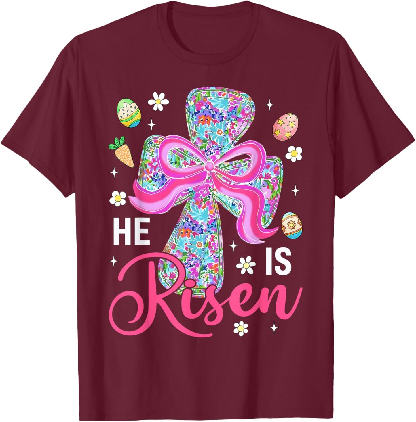 He is Risen Jesus Christian Cross Coquette Bow Easter Bunny T-Shirt - T-Shirt | Maroon