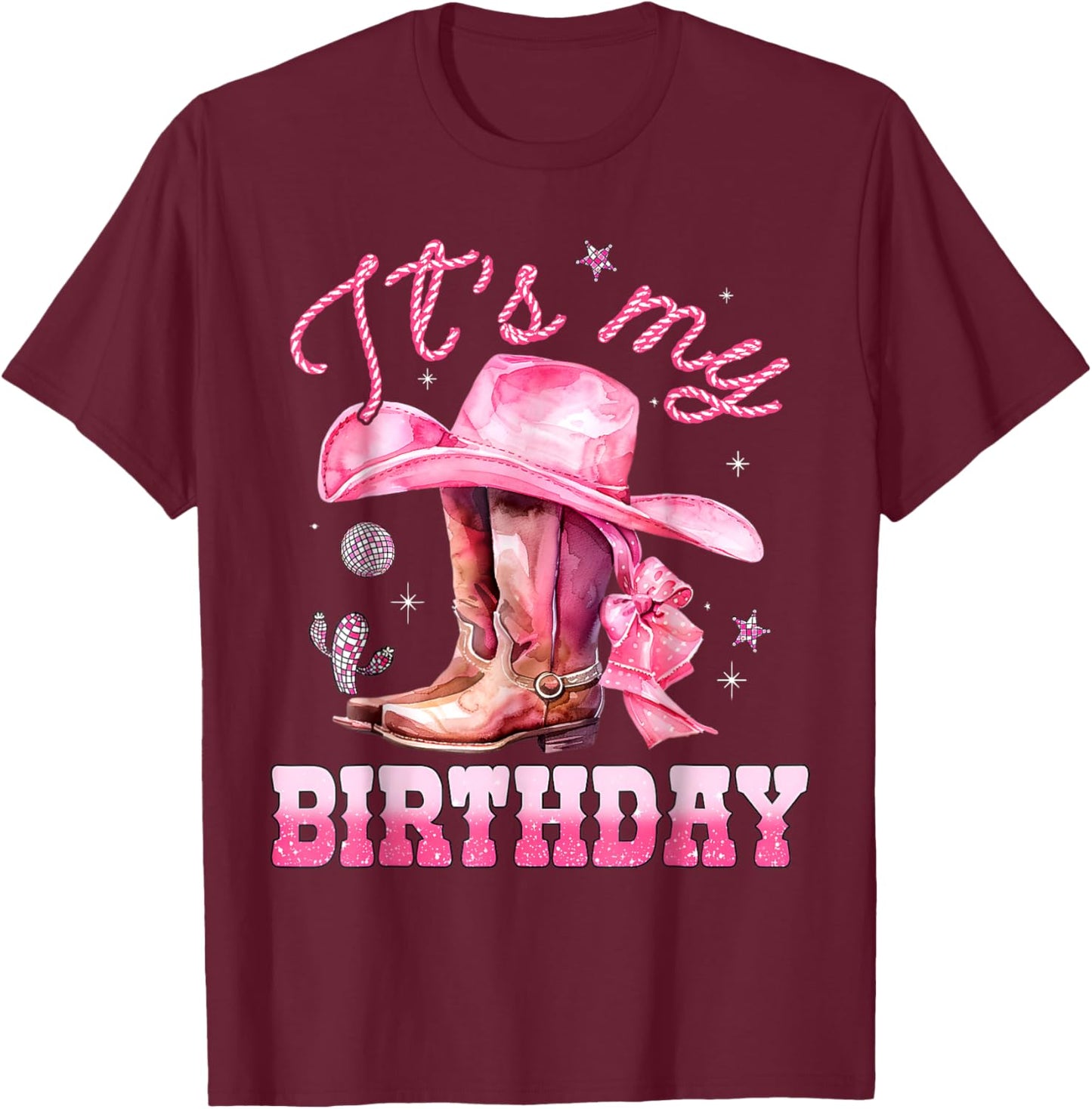 It's My Birthday Groovy Pink Western Cowgirl Birthday Girl T-Shirt - T-Shirt | Maroon
