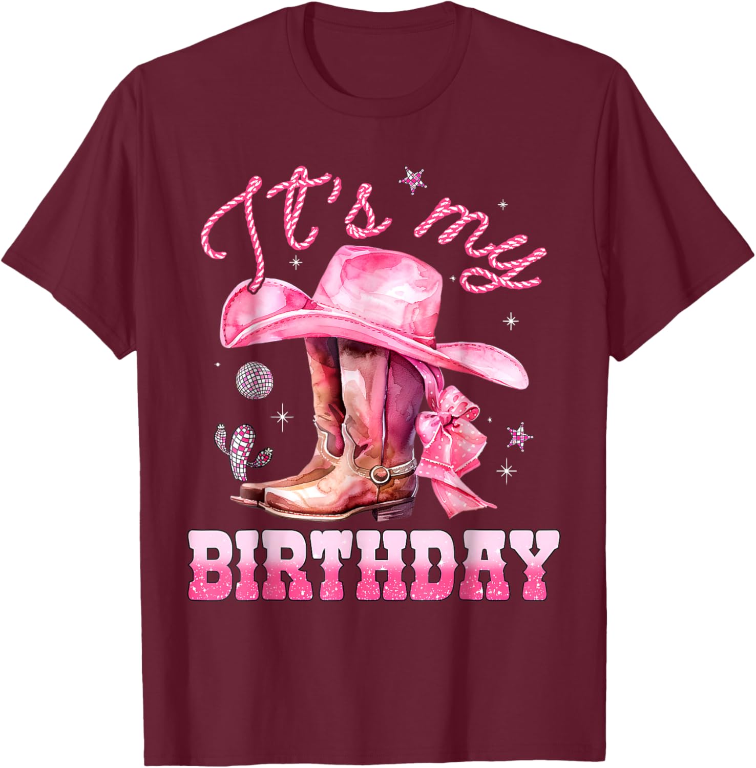 It's My Birthday Groovy Pink Western Cowgirl Birthday Girl T-Shirt - T-Shirt | Maroon