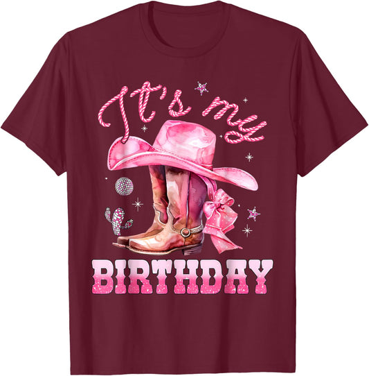 It's My Birthday Groovy Pink Western Cowgirl Birthday Girl T-Shirt - T-Shirt | Maroon