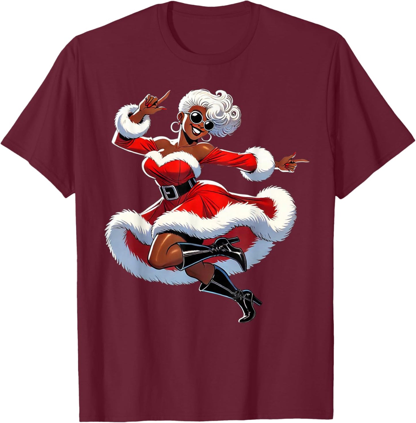 African Santa Wife Dancing African American Christmas T-Shirt - T-Shirt | Maroon