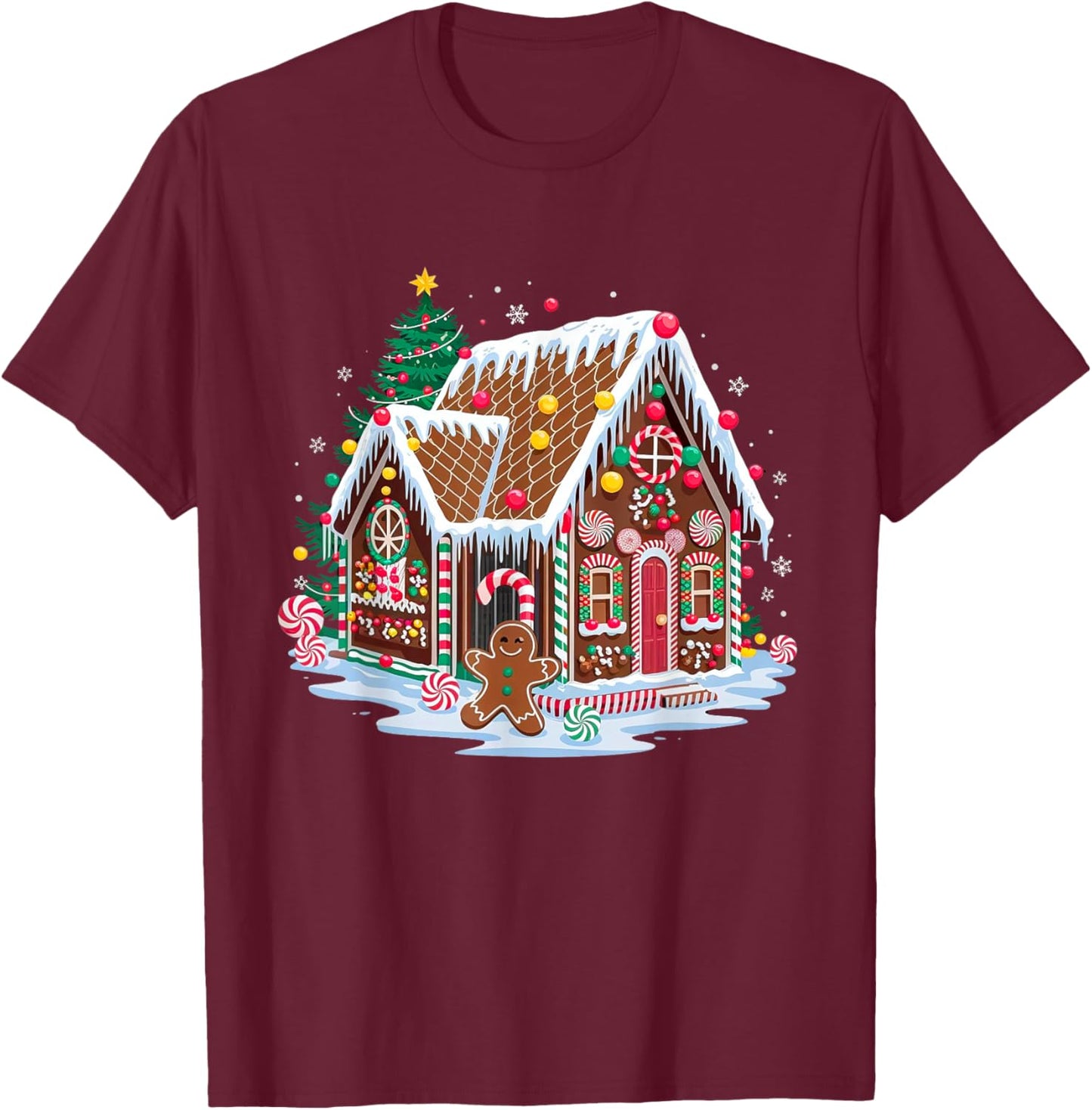Christmas Gingerbread House Candy Cane X-Mas Pajamas Party T-Shirt - T-Shirt | Maroon