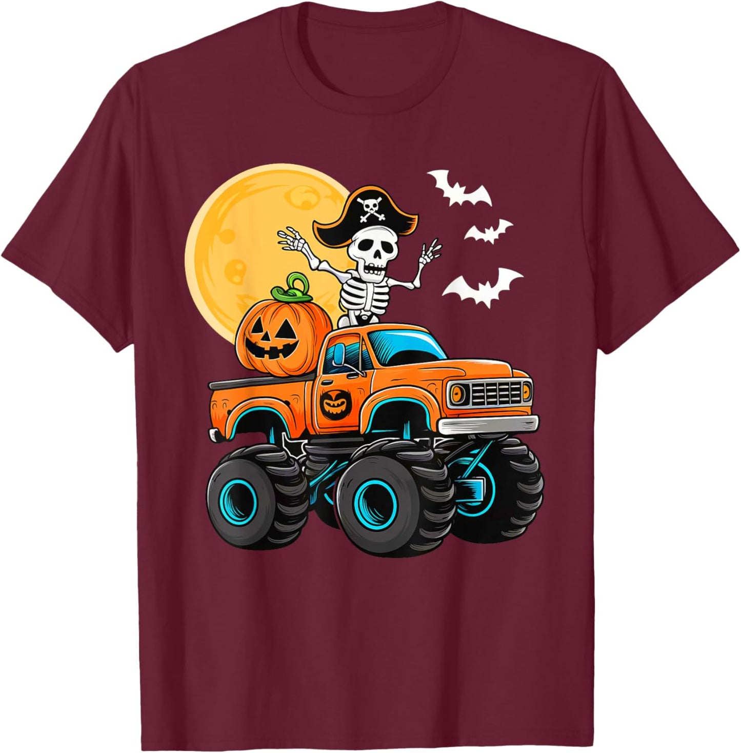 Funny Boys Halloween Monster Truck Skeleton Pirate Toddler T-Shirt - T-Shirt | Maroon