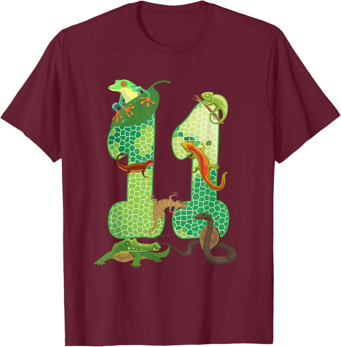 11th Birthday Reptile Themed 11 Year Old Birthday Party T-Shirt - T-Shirt | Maroon