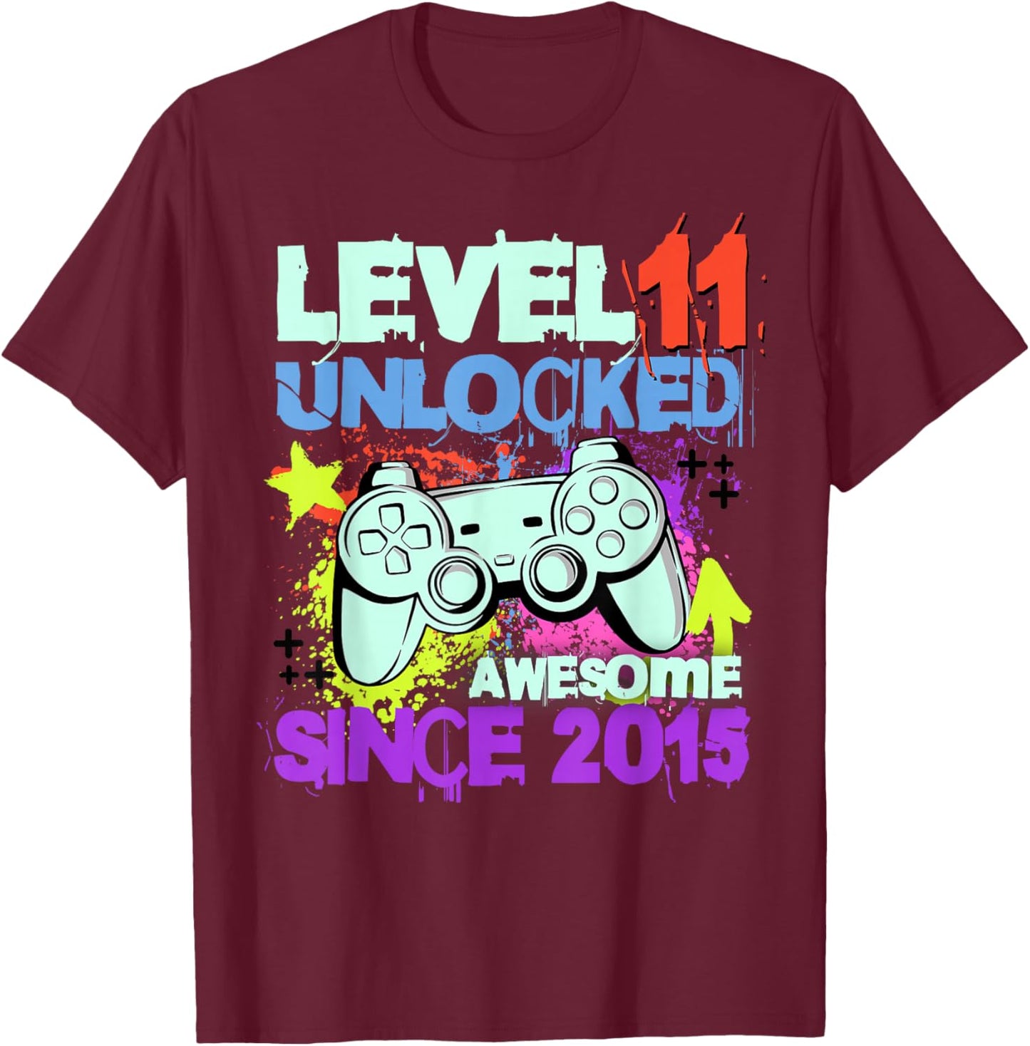 Level 11 Unlocked Awesome Since 2015 11th Birthday Boy Gamer T-Shirt - T-Shirt | Maroon