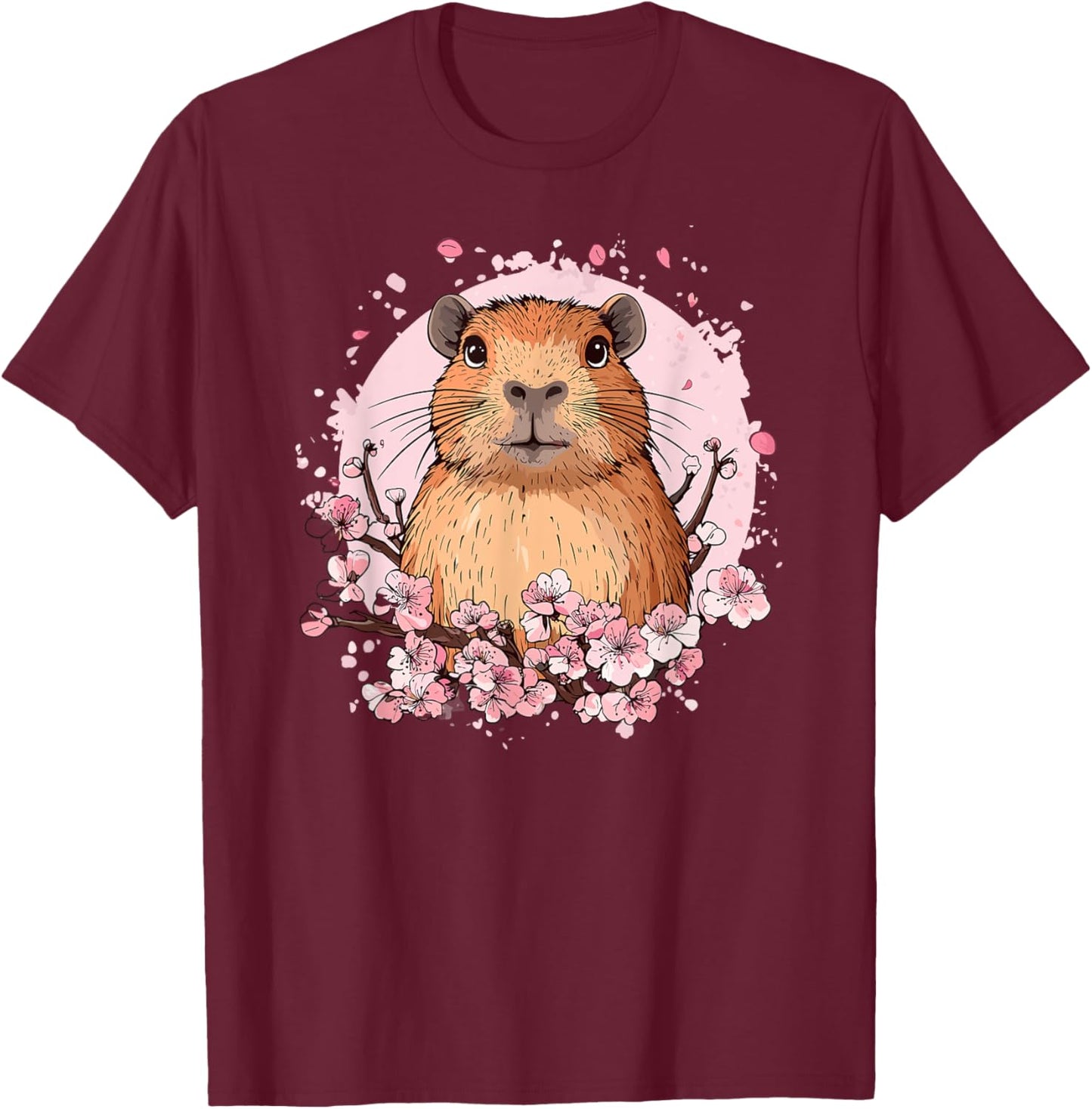 Capybara Surrounded by Pink Cherry Blossoms T-Shirt - T-Shirt | Maroon