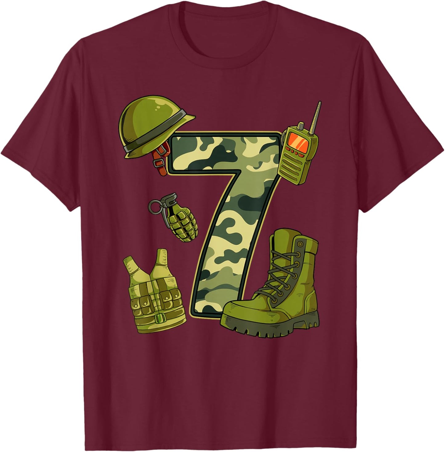 7th Birthday Army T-Shirt - T-Shirt | Maroon