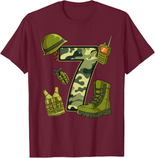 7th Birthday Army T-Shirt - T-Shirt | Maroon
