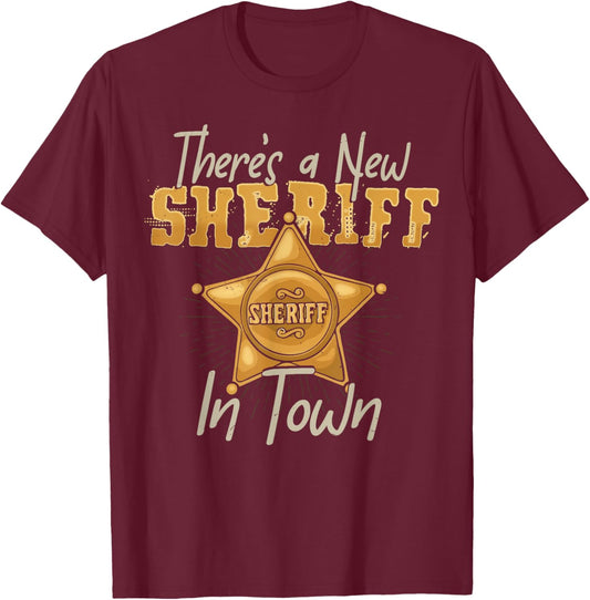 New Sheriff In Town Deputy Cowboy Funny Kids Costume Gift T-Shirt - T-Shirt | Maroon