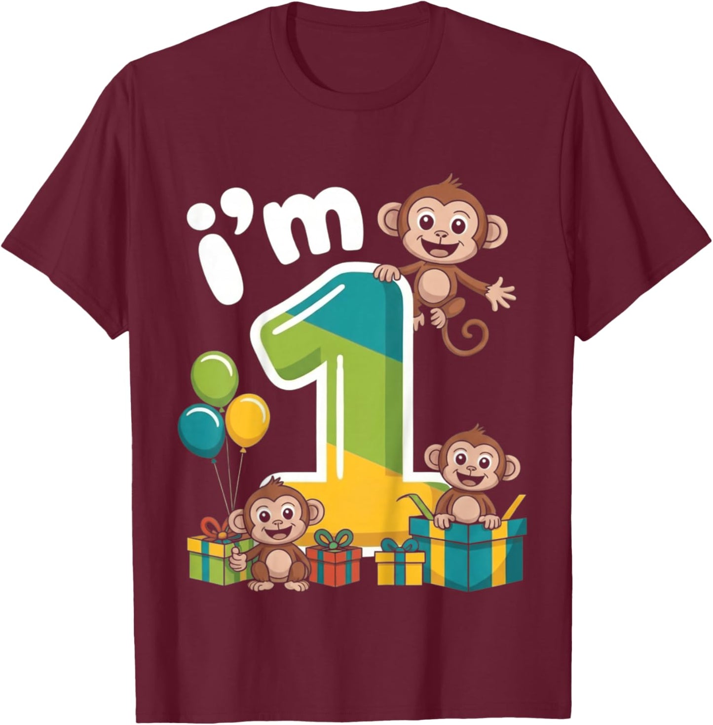 Kids One 1yr 1St Birthday Monkey Party Jungle 1 Year Old Boys T-Shirt - T-Shirt | Maroon