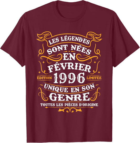 Vintage Birthday Gift 30 Years Born in February 1996 T-Shirt - T-Shirt | Maroon