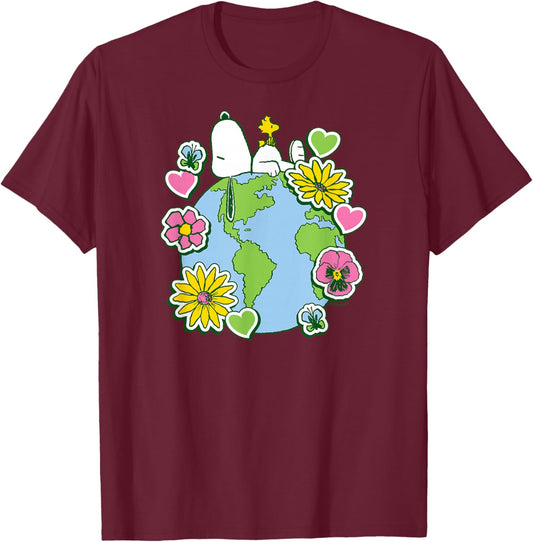 Snoopy Woodstock Love Earth T-Shirt - T-Shirt | Maroon