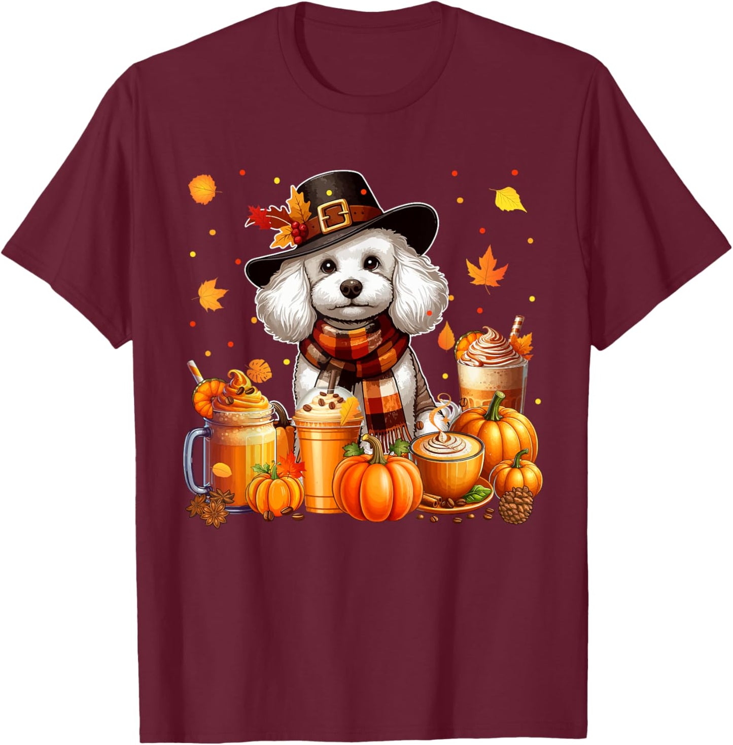 Poodle Thanksgiving Drinks Coffee Fall Leaves Pumpkins T-Shirt - T-Shirt | Maroon