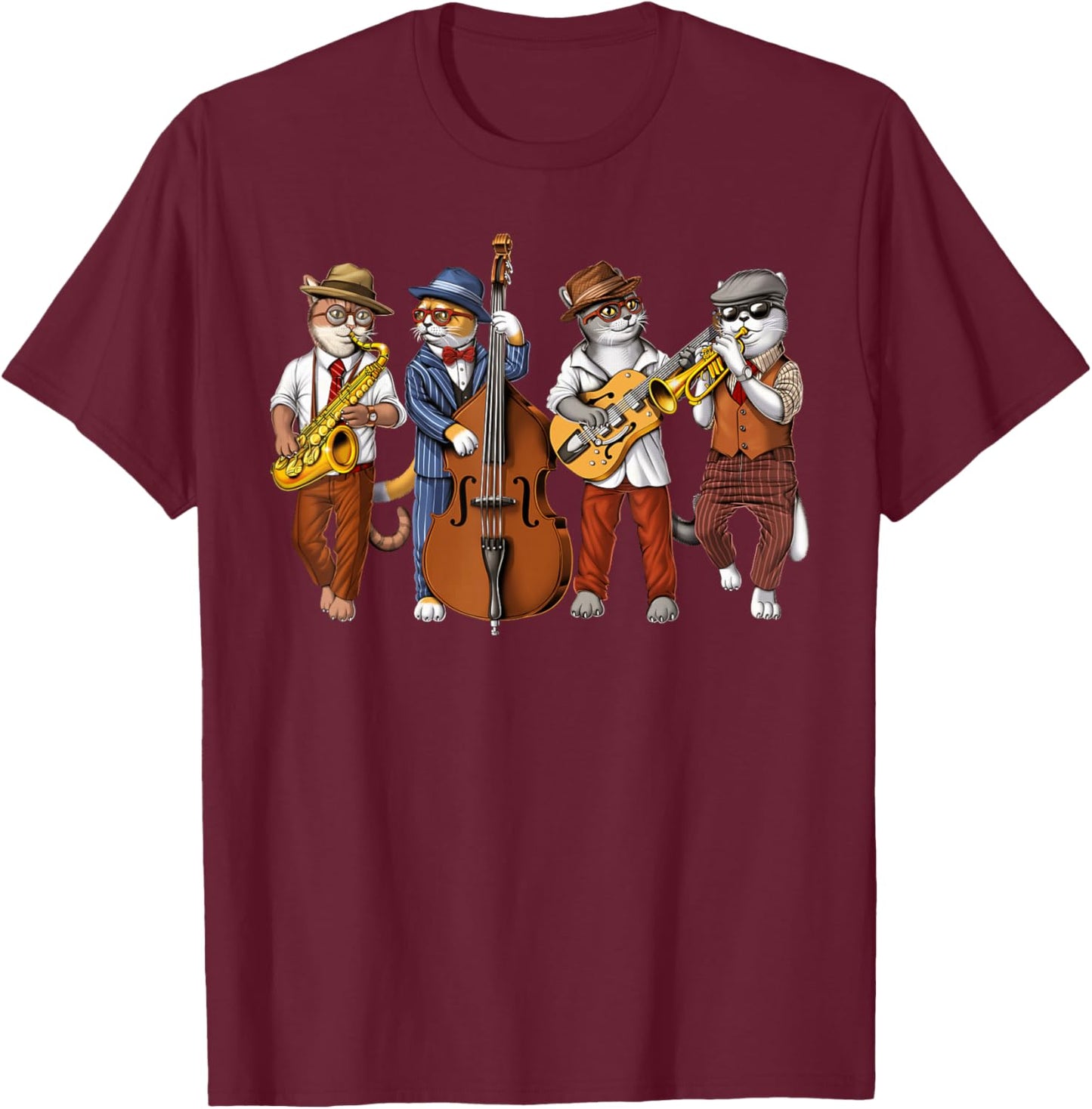 Cat Saxophone Player Jazz Musician Trumpet Double Bass T-Shirt - T-Shirt | Maroon
