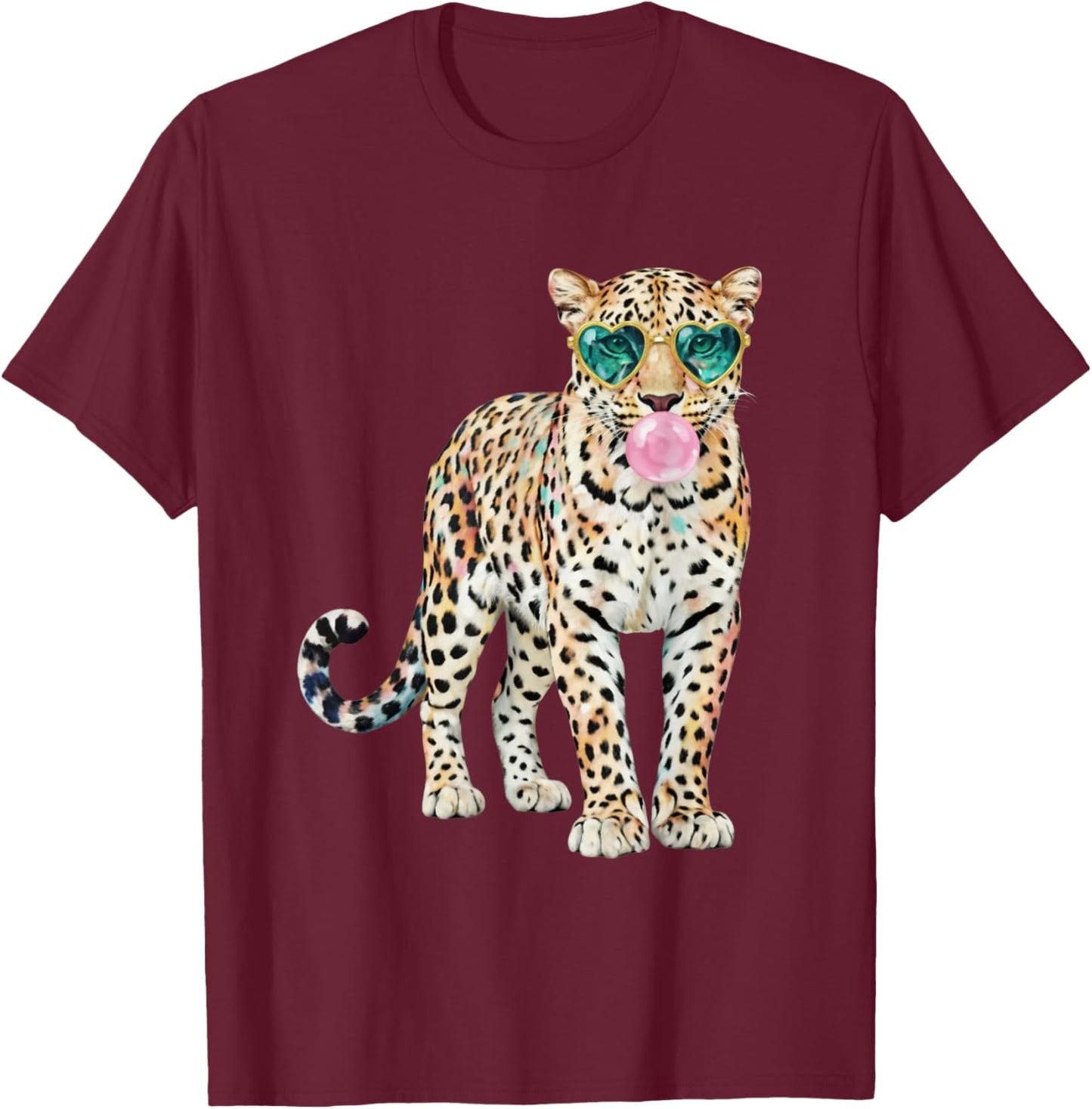 Stylish Leopard Heart Glasses Bubble Gum Art T-Shirt - T-Shirt | Maroon