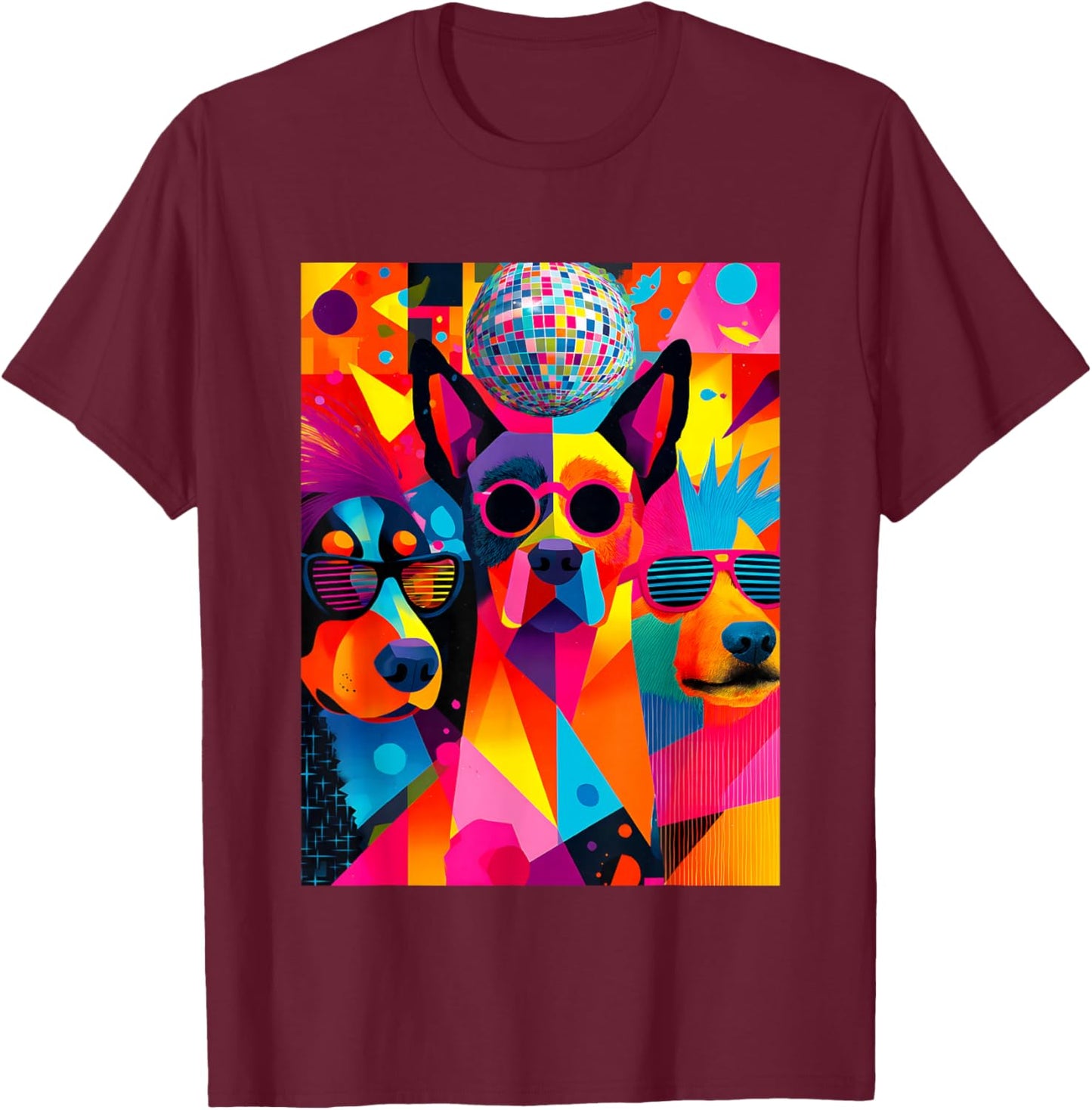 Disco Dogs Colorful Portrait – Funky Retro Party Pup Art T-Shirt - T-Shirt | Maroon