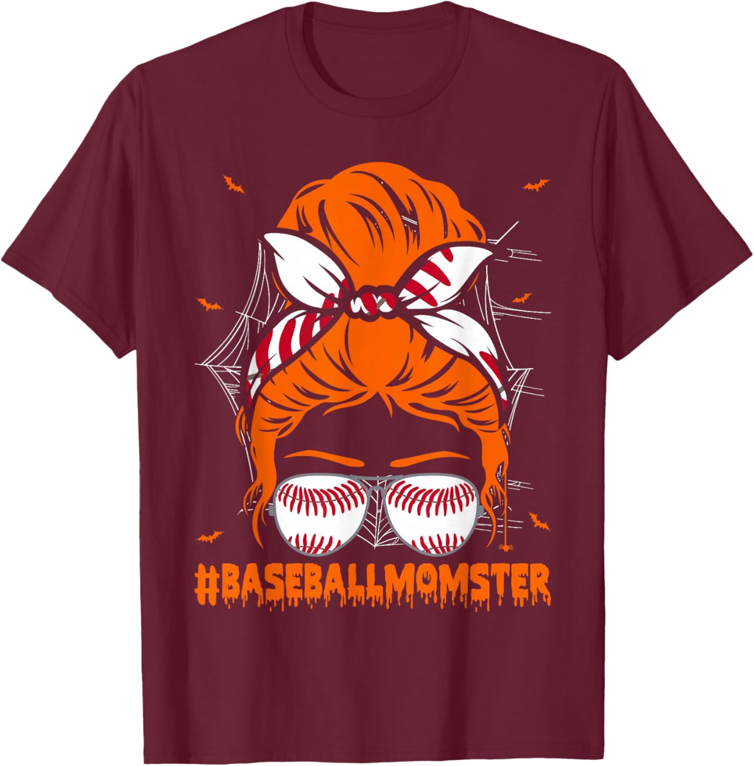 Baseball Momster Halloween Mom Messy Bun T-Shirt - T-Shirt | Maroon