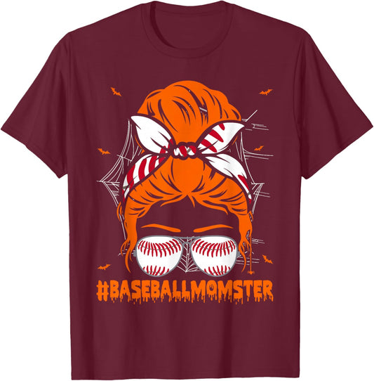 Baseball Momster Halloween Mom Messy Bun T-Shirt - T-Shirt | Maroon