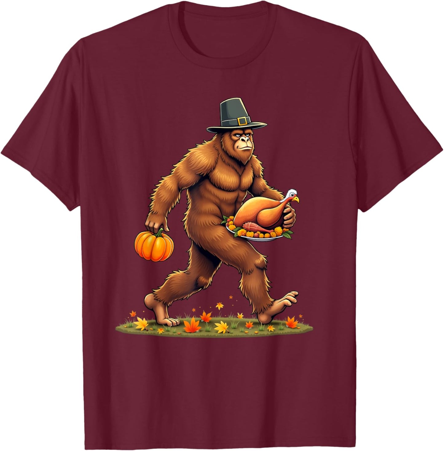 Funny Bigfoot Thanksgiving Day Pilgrim Turkey Pumpkin T-Shirt - T-Shirt | Maroon