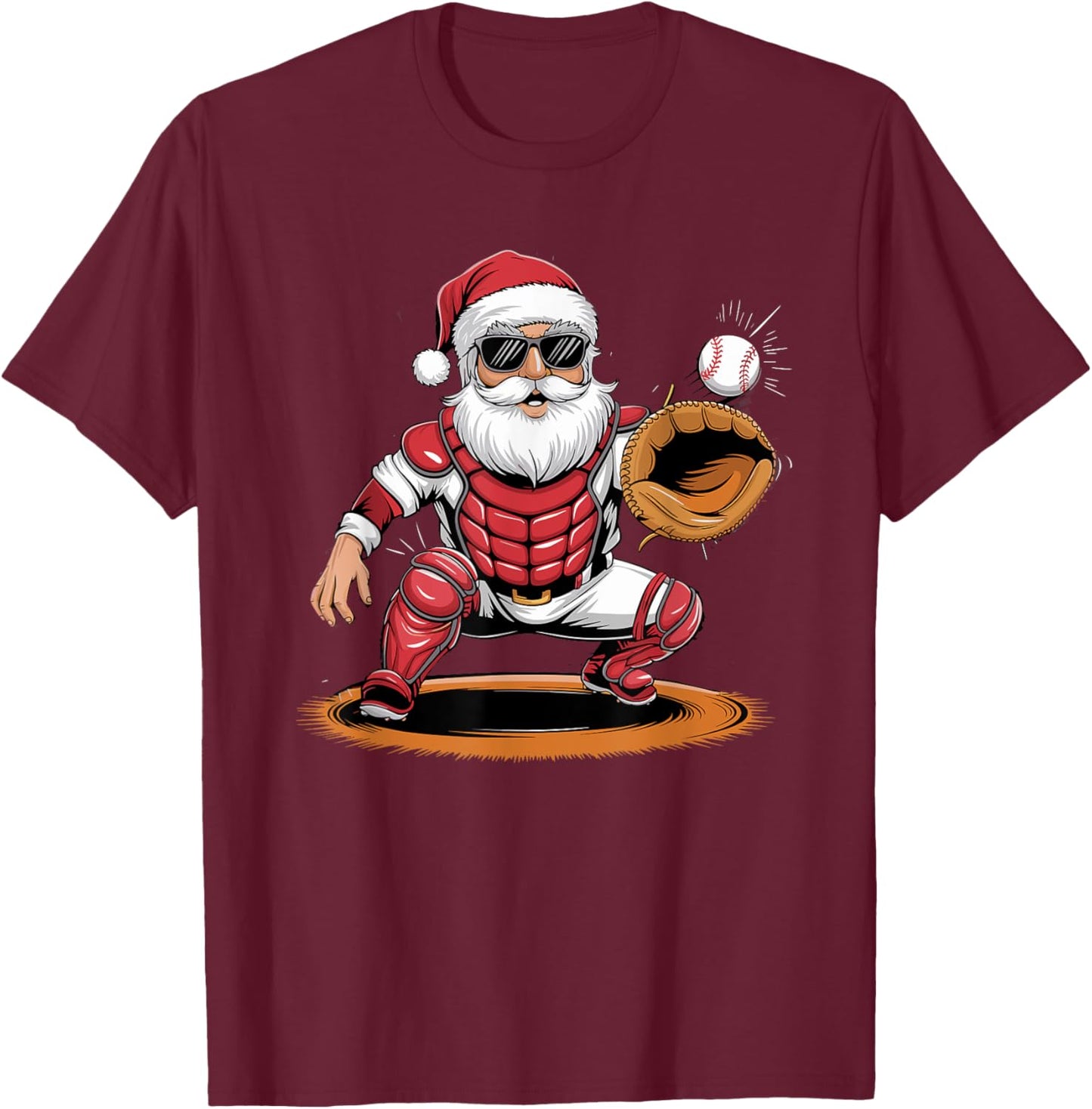 Santa Playing Baseball As Catcher Boys Teens Christmas T-Shirt - T-Shirt | Maroon