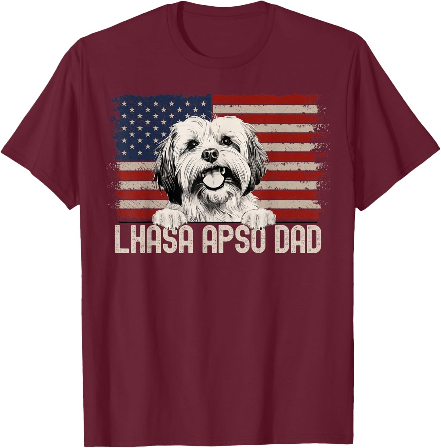 Best Dog Dad Ever American Flag - Lhasa Apso Dad T-Shirt - T-Shirt | Maroon