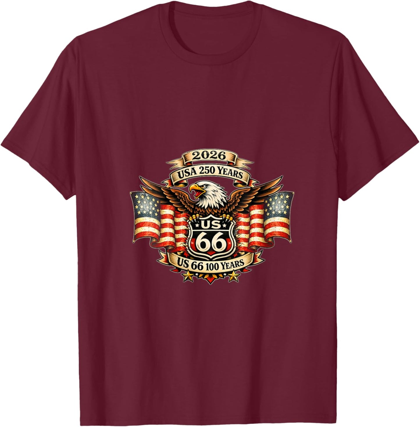 Women's USA 250 US Highway 66 Mother Road Anniversary Eagle Tattoo V-Neck T-Shirt - T-Shirt | Maroon
