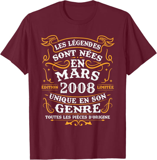 Vintage Birthday Gift 18 Years Born in March 2008 T-Shirt - T-Shirt | Maroon