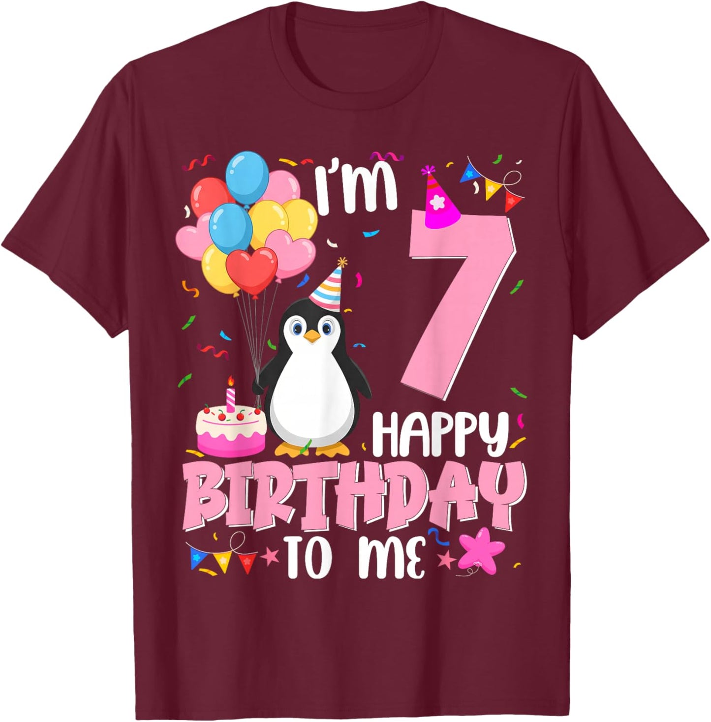 Penguin Birthday 7 Years Old Girl 7th Birthday Party T-Shirt - T-Shirt | Maroon