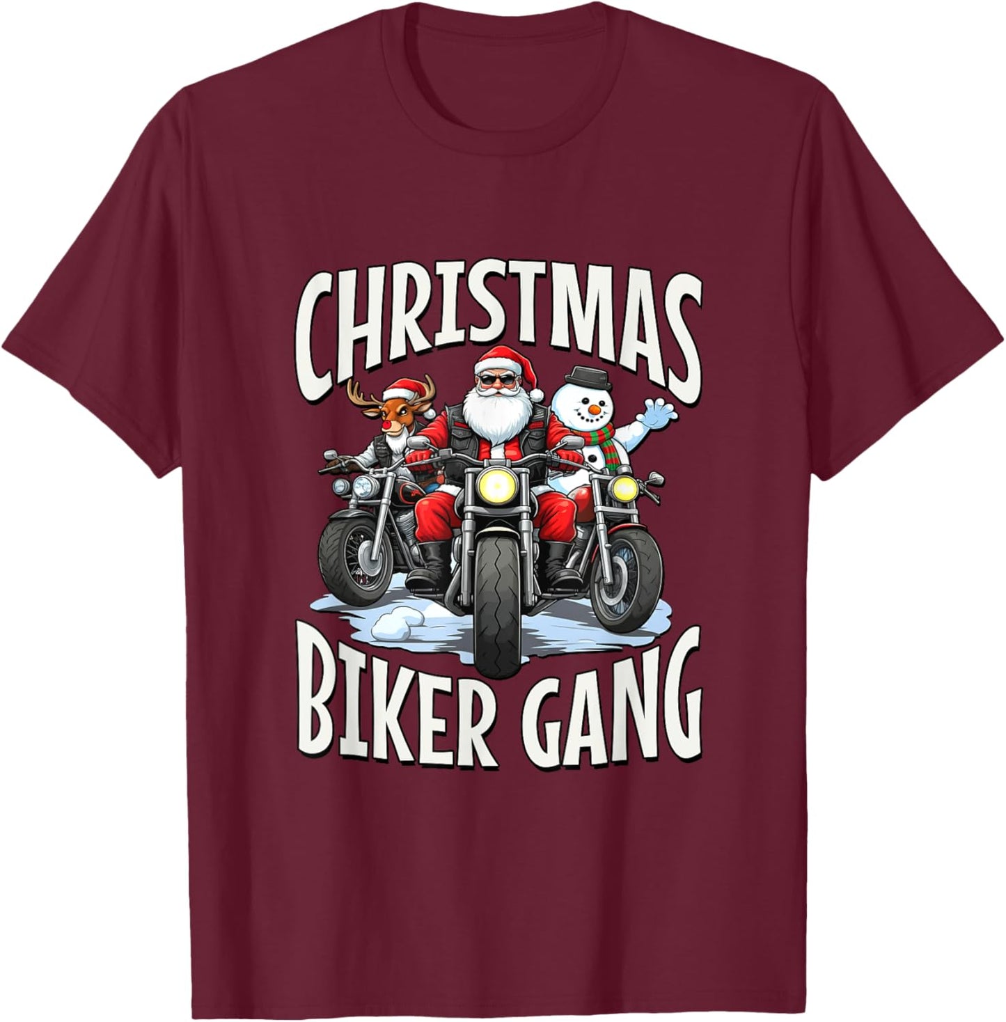 Christmas Biker Gang - Santa, Reindeer & Snowman Bikers T-Shirt - T-Shirt | Maroon